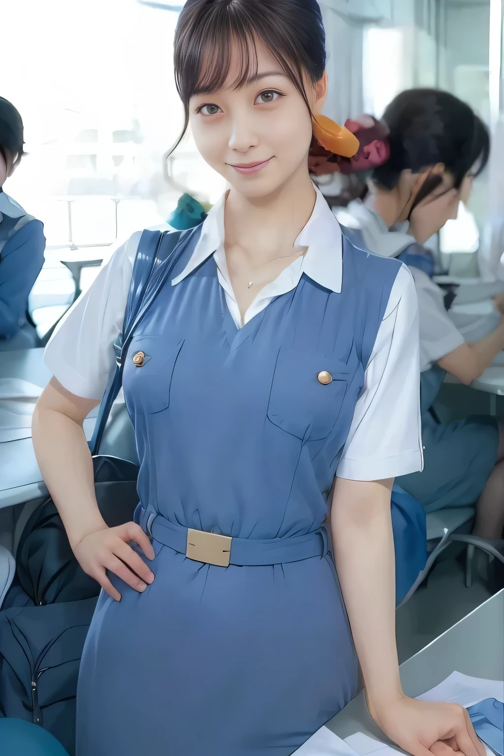 (masterpiece:1.2, Best Quality:1.2), 32K HDR, High resolution, (Alone、1 girl)、(On the roof of a building during the day、Professional Lighting)、Building rooftop background、(Real style wearing Japan air system cabincrew uniform blue)、((Japan Air System cabincrew uniform blue jumper skirt with pockets on both sides、Japan air system cabincrew uniform blue jumper skirt with buttons on the pocket、White short sleeve blouse 、 Light blue vest around waist、Scarf around the neck))、Dark brown hair、(Long Hair、Hair tied up、Hair tied up)、Dark brown hair、Long Shot、Big Breasts、Thin legs、((Great hands:2.0)),((Harmonious body proportions:1.5)),((Normal limbs:2.0)),((Normal finger:2.0)),((Delicate eyes:2.0)),((Normal eyes:2.0)))、smile、(Japan air system cabincrew uniform blueを見せた美しい立ち姿)、Hands clasped underneath