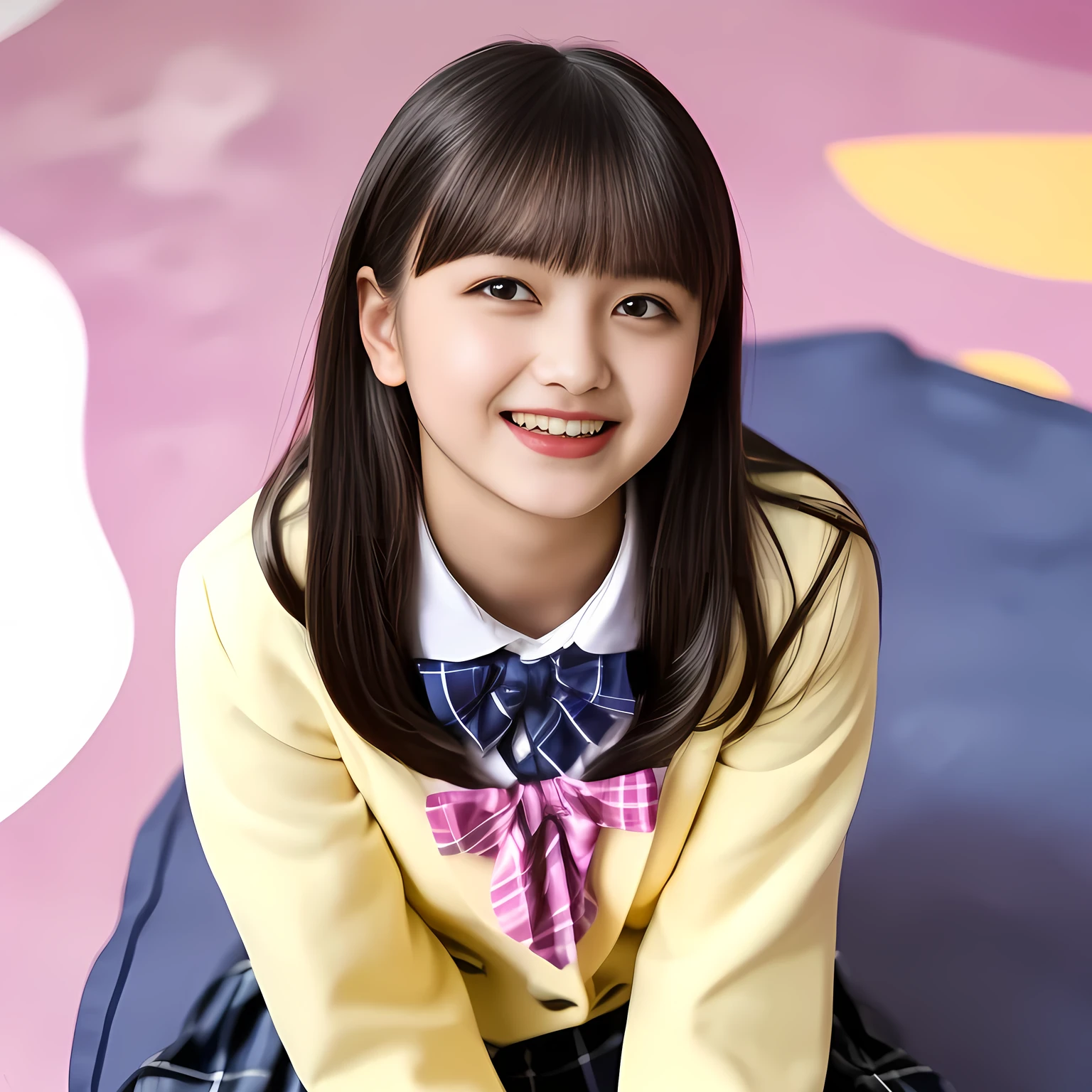 (Highest quality, masterpiece:1.2), Highest quality, High resolution, 1080P, 8k, height: 158cm, (Noble, Japanese **** truly-girly-girl is seated on a pink flat floor and smiling directly at me in school uniform, Looking up at me deeply, Hypnotizing me with her cuteness: 1.8), looking at the viewer, well-grown breast and nice style, (well arranged, balanced, neat glossy straight very long hair), (Half-closed, Looking up to me, Very sleepy, Double-deep-eyelids, completely balanced, brown large large dreaming Japanese **** eyes with detailed beautifully: 1.6), (Glossy lips: 1.8), (high nose: 1.2), (Rich and long bottom-eye-slashes), (Drives me crazy for her navy-colored neat tartan checkered blue skirts and make me fall into her navy-colored plaid-print pleats skirt: 1.4), (Fine white-face that looks like she has never been out of home: 1.6), (Navy colored school uniform blazer: 1.6), (Navy pleated plaid skirt: 1.5), (Plain-red school ribbon on the breast), (Complete plain pink background: 1.8), (Girl whom everyone loves because of her beauty and neat school fashion and noble manner and magic-charm of succubus: 1.7), full body shot, (jolly face expression), (evenly cut curled glossy rich beautiful bangs: 1.6), light hitting the white-face, (Very very large, dreamy, Adorable eyes, Looking deeply at me: 1.5)