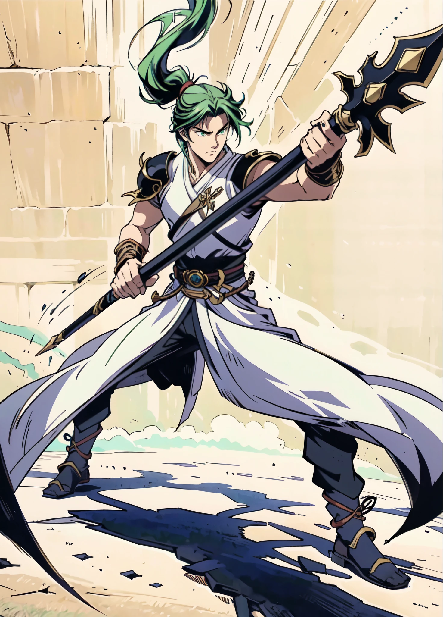 (masterpiece:1.2, best quality:1.2, extremely delicate:1.2), ((male:1.5)), a young man with long, flowing emerald-green hair tied in a ponytail, parted bangs, wearing a headband, a handsome face, sharp eyes, a serious expression, slender and tall build, a yellow and blue leather armor long coat in a fantasy martial arts style, a large triangular-decorated belt, flowing long hem, matching trousers, shin guards, battle boots, grips an indigo spear adorned with iron rings, striking a combat pose against an army, this character embodies a finely crafted fantasy martial arts style spear fighter in anime style, exquisite and mature manga art style, dramatic, high definition, highres, ultra-detailed, ultra-fine painting, professional, perfect body proportions, golden ratio, anatomically correct, symmetrical face, extremely detailed eyes and face, high quality eyes, creativity, RAW photo, UHD, 32k, Natural light, cinematic lighting, (masterpiece-anatomy-perfect:1.2)