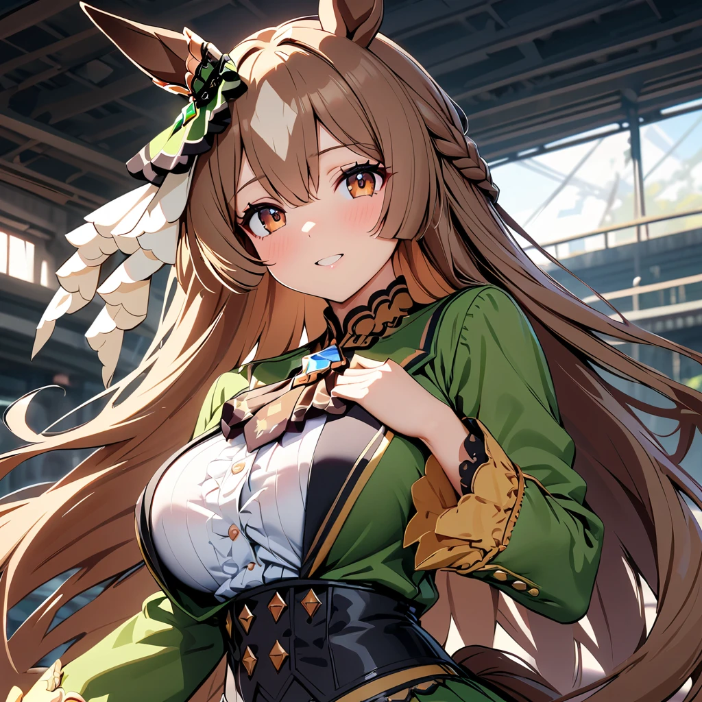 Satono Diamond、Uma Musume、A beautiful young woman with beautiful breasts, wearing a luxurious, long-sleeved green dress that hides her hands.。A large white ribbon on the back of the head。Hide your hands in your sleeves。Brown long hair。slouch。Brown Eyes。A big smile。has horse ears、beautiful breasts cleavage