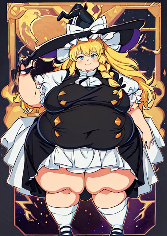 ((best quality, 4k, 8k, anime girl, masterpiece)), ((((beautiful extremely detailed face, beautiful eyes)))), glowing eyes, blue eyes, cinematic lighting, (perfect anatomy), (((chubby, SSBBW, very obese, (tall), huge breasts, (stand up), wide belly, wide breasts))), ((marisa kirisame)), (((black vest, buttoned blazer, short sleeves, witch hat))), (full body view), ((long hair, blonde hair, bangs, braid)), ((thick outlines, anime style, vibrant colours)), simple background, smile,