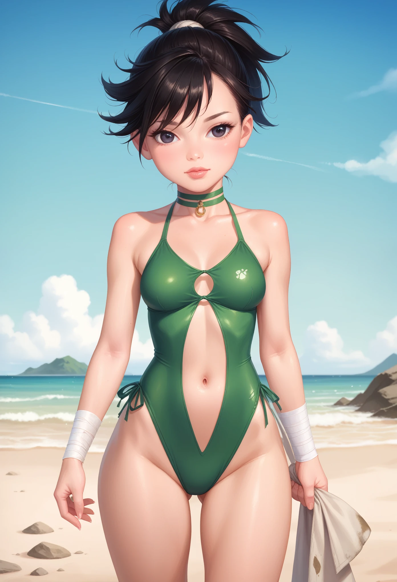 dororo, black hair, ponytail, choker, black eyes, bandages, wrist wrap, ankle wrap, masterpiece, best quality, photorealistic, 1girl, solo, looking at viewer, , depth of field, (watercolor illustration, soft pastel colors:1.1), realistic, dororo, huge hips. small saggy breasts. swimsuit.