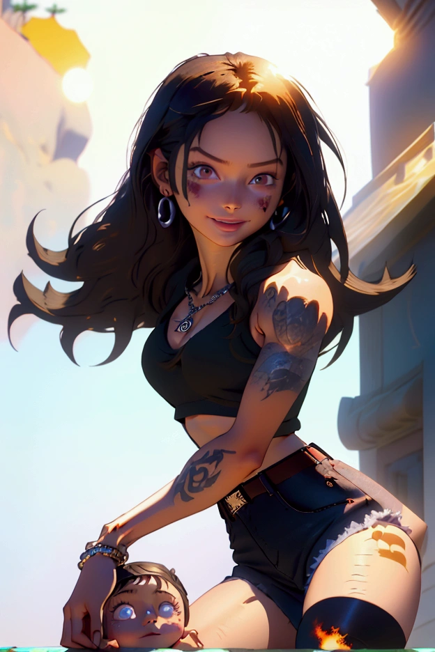 front view, best quality,  

girl, medium height, 21 years old, curly dark hair, pale skin, dark brown eyes, ((cold gaze on her face, unkind face expression)), pulled back ponytail hair , strands of hair over her face, wearing a tight black sleeveless high-necked top that slightly covers her hips,  wearing wide black trousers with a low waist, belly visible, necklaces on a silver chain, earrings, ((spider tattoo  on her hip) with the number 5), tattoo partially hidden by her clothes. outside background

[by Alex Timmermans:by jaynaylor:0.5],
detailed background, detailed foreground, depth of field, ambient silhouette, backlighting,

