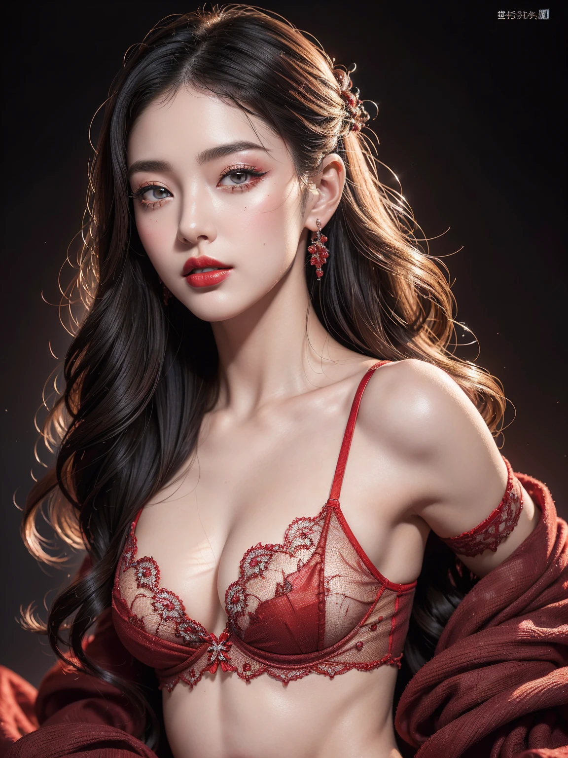 A 2 woman, brunette with long, wavy, voluminous black hair with a red streak, simple background, very long hair, ??????? big, aretes, Eyes red, simple background, jewel, 