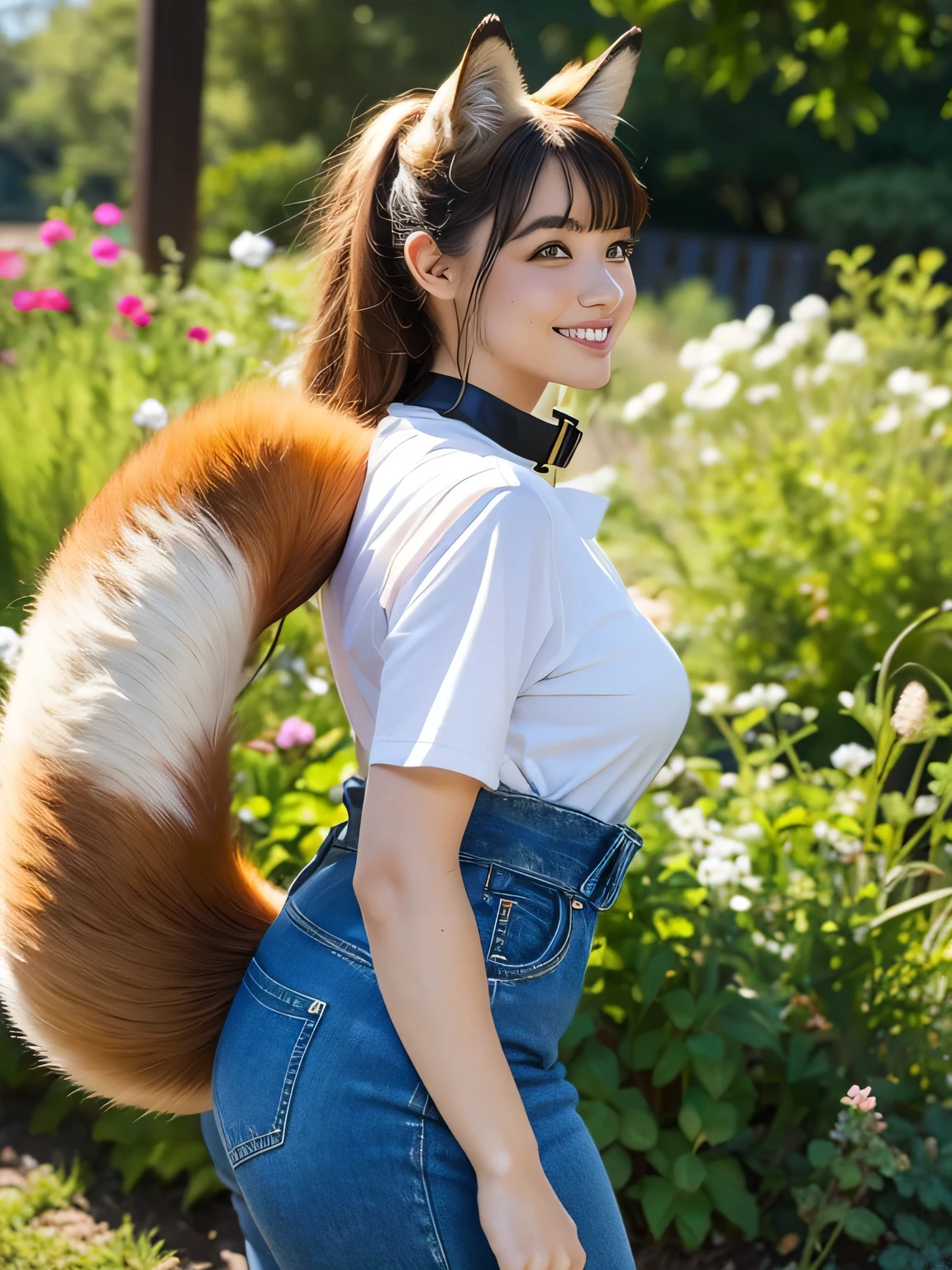 ((Highest quality, 8k)), ((masterpiece)), (Highest Resolution), Perfect Face, Fox Woman, Female college student, Beautiful woman, blue eyes, Outdoor, One tail, she has thick thighs, Her large tail, She has a brown fox tail., She wags her tail, Smiling with teeth showing, Fur collar, She is wearing a short skirt, Big Breasts, Beautiful Hips , A fox tail sticks out from the skirt.