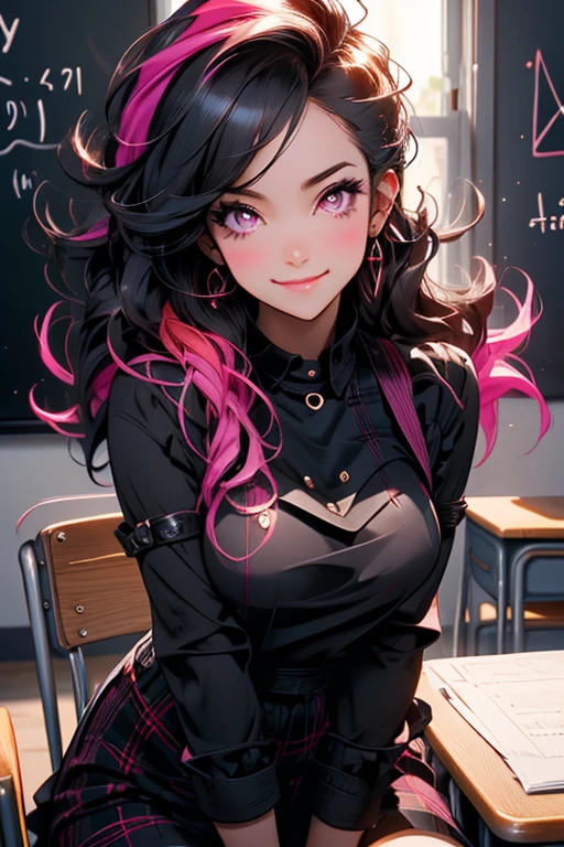 cute girl, black and gray Siphonaptera type chibi, bright eyes with cute anime style expressions, in a library ("MSX" written on the head), retro style clothes with pixel art motifs, happy, playful, in a library , writing 
