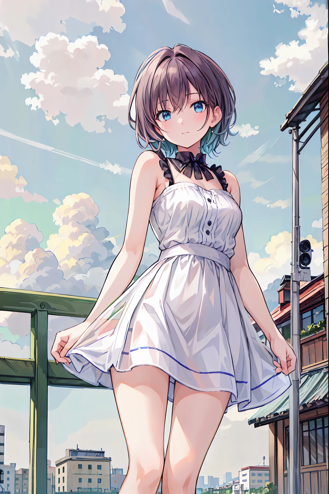 (masterpiece,Latest,exceptional:1.2), anime,One Girl,茶hair，Shortcuts，ボサボサのhair，short編みhair，Neat，Slender beauty，Dignified posture，Small breasts，Beautiful legs，Her mesmerizing grey-blue eyes shine like stars.，Vibrant colors,Beautiful Eyes,A delicate smile,Textured Skin,Best Quality,A kind and beautiful woman,anime風､Beautiful 8K Eyes,green_null,((From below:1.2)),Black camisole【【bridge,building,city,city,cityscape,cloud,day,dress,Looking_in_Viewers,Outdoor,Eiffel Tower，red_Neckwear,red_ribbon,ribbon,river,short_hair,short_sleeve,null,nullscraper,Alone,standing,town,winner