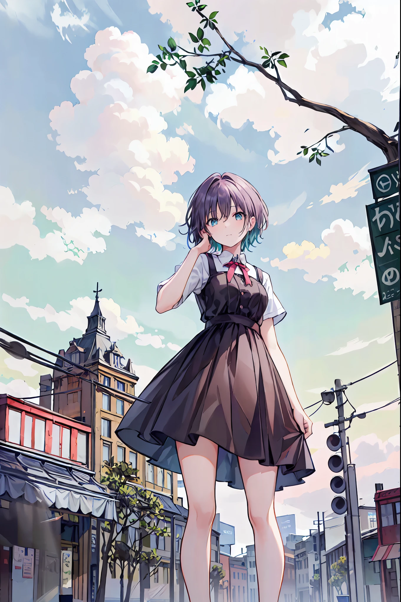 (masterpiece,Latest,exceptional:1.2), anime,One Girl,茶hair，Shortcuts，ボサボサのhair，short編みhair，Neat，Slender beauty，Dignified posture，Small breasts，Beautiful legs，Her mesmerizing grey-blue eyes shine like stars.，Vibrant colors,Beautiful Eyes,A delicate smile,Textured Skin,Best Quality,A kind and beautiful woman,anime風､Beautiful 8K Eyes,green_null,((From below:1.2)),Black camisole【【bridge,building,city,city,cityscape,cloud,day,dress,Looking_in_Viewers,Outdoor,Eiffel Tower，red_Neckwear,red_ribbon,ribbon,river,short_hair,short_sleeve,null,nullscraper,Alone,standing,town,winner