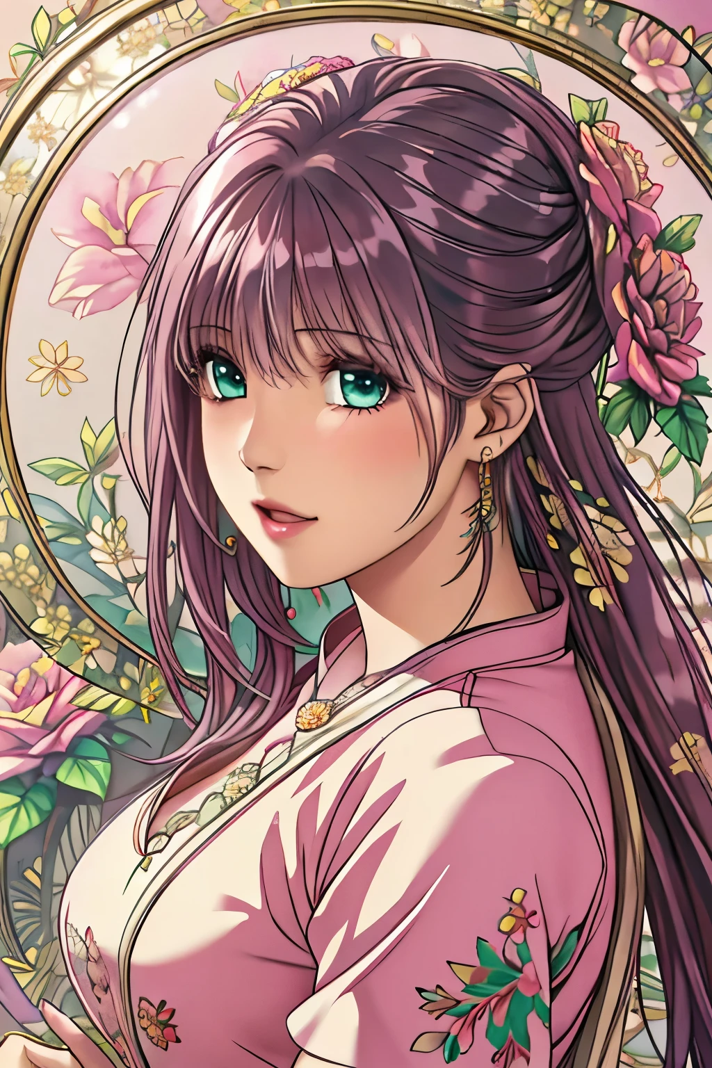 (​masterpiece, top-quality, top-quality, Official art, Beautifully Aesthetic:1.2), green eyes, (highest quality, masterpiece painting:1.3), immature woman, , (half body shot), masterpiece, ultra high resolution, (((Flower frame, A lot of flowers in the frame, round frame, A beautiful girl fits into the frame))), Decorative panel, abstract art, (shot from a side angle), (Photoreal:1.0), ((light pink hair)),straight hair, beautiful shining hair, white and shining skin, Painterly, sketch, Texture, 超A high resolution, solo, Beautuful Women, A highly detailed, (Fractal Art:1.1), (colourfull:1.1), (florals:1.6), The most detailed, (Zentangle:1.2), (Dynamic Poses), (Abstract background:1.3), (shinny skin), (Many colors:0.8), (earrings:1.4), (pluma:0.9), Taisho romance