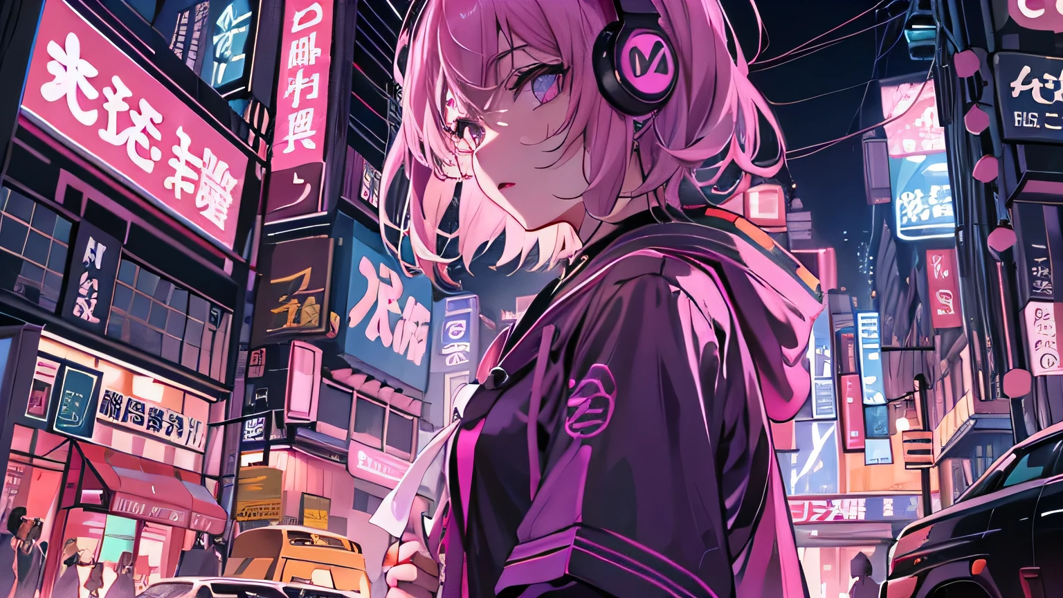 masterpiece,Anime style illustration，Depicts a young woman in her 20s，Wearing a futuristic low-cut dress, Facing right, Standing in the middle of the street in the Cyberpunk nightlife district. sheピンクがかった黒髪の長い髪を持っています、Wearing pink glowing headphones. Large Breasts、she&#39;you&#39;Still looking up at the stars, but、Her gaze and body are directed towards the right side of the frame.. The scene should be lively, Reflects the cyberpunk aesthetic, Neon lights and futuristic buildings surround her.. The hustle and bustle of the city continues, but、she&#39;Peace in Chaos, Soak up the sights and sounds of the night. In pictures、It was imperative to capture both the calm sky overhead and the vibrant urban environment。, Highlighting she&#39;s new direction.
