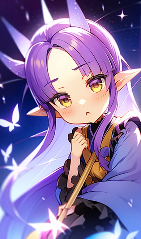 Light purple hair, Center parted bangs, Big yellow eyes, Chibi,Pointy Ears,Blue hair ornament,