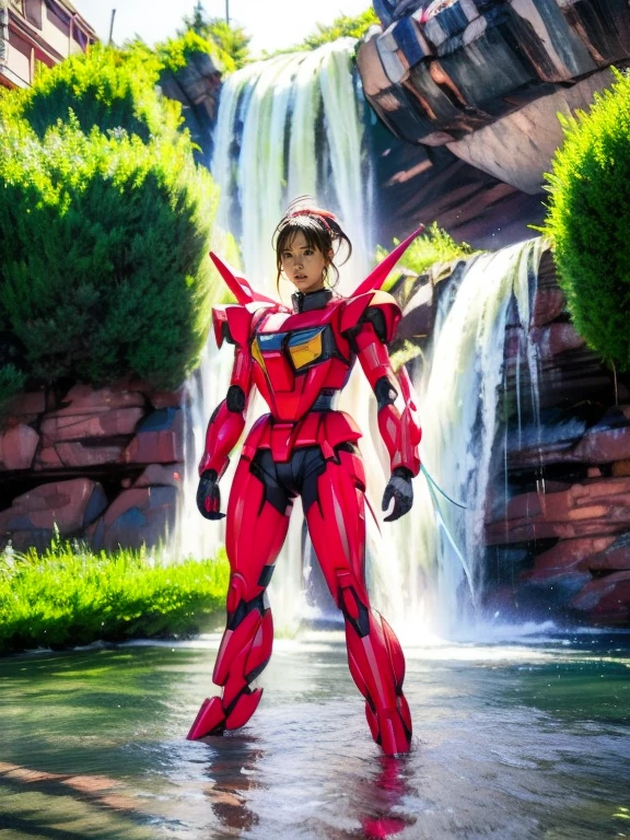 Full Body Shot, Very detailed, The costume colors were inspired by Gundam.、8k, Actual Photos, impressive lighting, Dynamic action poses, Great energy effect, Black and pink color palette, Simple costume design, Advanced Technology, Heroic and powerful, With a large waterfall in the background、standing。