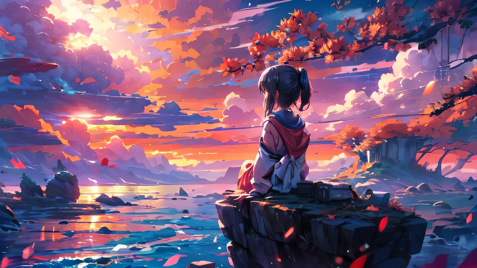 Anime girl sitting on a cliff looking at the sunset - SeaArt AI