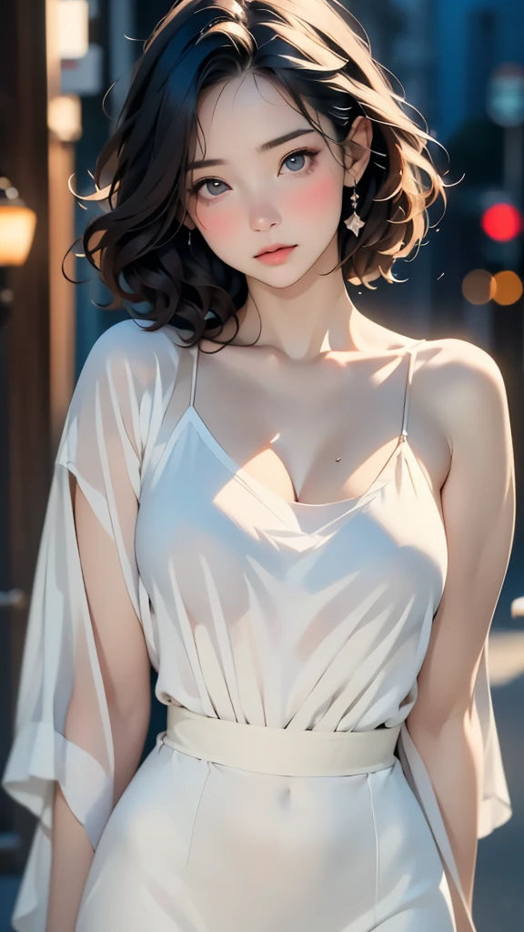 random pose, mix4, (8k, RAW photo, best quality, masterpiece: 1.45), (realistic, photorealistic: 1.37), one girl, cute, cityscape, night, rain, wet, professional lighting, photons mapping, radiosity, physically based rendering, gradient black hair, gray hair, short curly hair, handsome, girl, Deep V-neckline slip dress, pale skin, top quality photo, high res, 1080p, (clear face), (detailed face description), (detailed hand description), (masterpiece), (exquisite CG), extreme light and shadow, disheveled hair, master work, rich details, (fine facial features), (highest quality photo), (masterpiece), (detailed eyes), look in front of you eyes, fine clavicle, (large breasts:1.4),