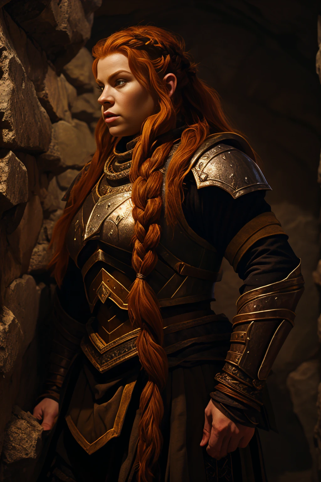 Ginger female dwarven adventurer, in a undeground cavern, dramatic lighting, breastplate,  long braided hair, strong muscled arms, leaning against wall