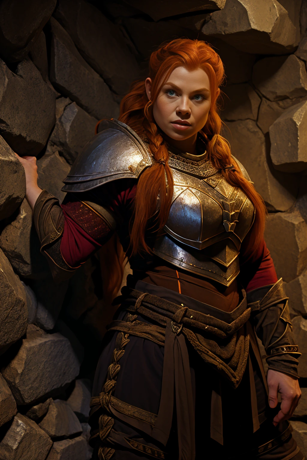 Ginger female dwarven adventurer, in a undeground cavern, dramatic lighting, breastplate,  long braided hair, strong muscled arms, leaning against wall