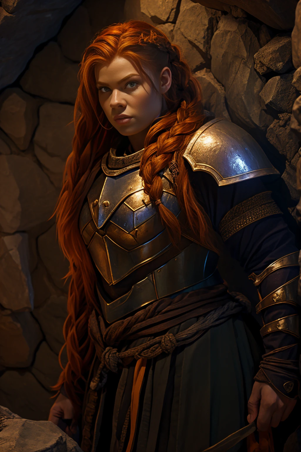 Ginger female dwarven adventurer, in a undeground cavern, dramatic lighting, breastplate,  long braided hair, strong muscled arms, leaning against wall