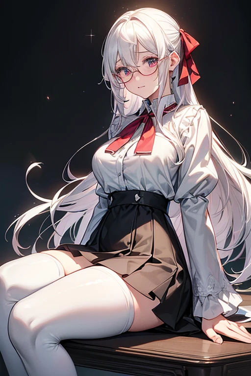 18-year-old girl with silver hair with red highlights., yellow eyes, Big breasts. long-haired,Braid left and right, Wear glasses, Wear a white long-sleeved shirt.....button up. Black miniskirt, sitting on the bed,....With a slightly smiling face.....