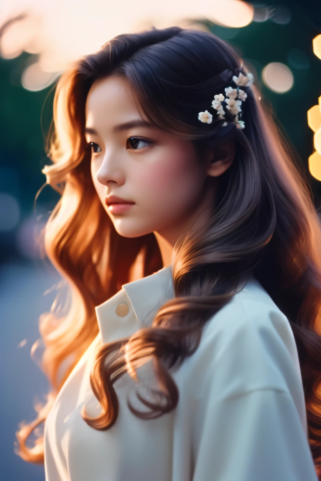 2000 movie, film still, screencap, Long Hair, classy style, Wavy Hair, 1girl, Solo, dior, Fujicolor, Portrait Photography, Soft Colors, Backlighting, Film Grain, Bokeh, Bloom, 