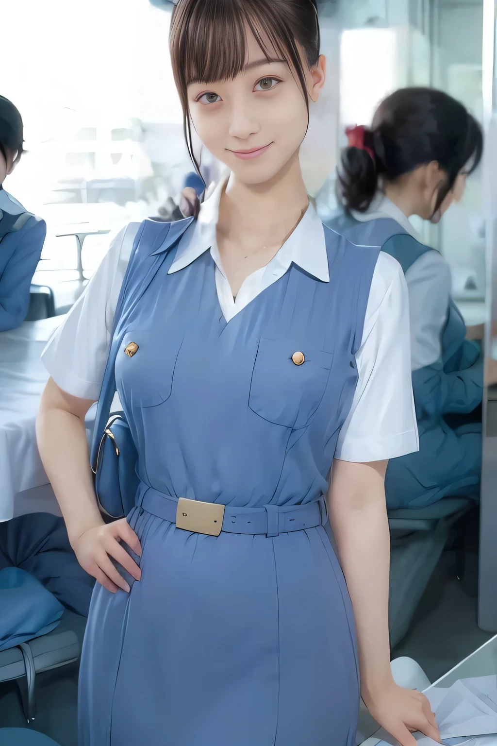 (masterpiece:1.2, Best Quality:1.2), 32K HDR, High resolution, (Alone、1 girl)、(On the roof of a building during the day、Professional Lighting)、Building rooftop background、(Real style wearing Japan air system cabincrew uniform blue)、((Japan Air System cabincrew uniform blue jumper skirt with pockets on both sides、Japan air system cabincrew uniform blue jumper skirt with buttons on the pocket、White short sleeve blouse 、 Light blue vest around waist、Scarf around the neck))、Dark brown hair、(Long Hair、Hair tied up、Hair tied up)、Dark brown hair、Long Shot、Big Breasts、Thin legs、((Great hands:2.0)),((Harmonious body proportions:1.5)),((Normal limbs:2.0)),((Normal finger:2.0)),((Delicate eyes:2.0)),((Normal eyes:2.0)))、smile、(Japan air system cabincrew uniform blueを見せた美しい立ち姿)、Hands clasped underneath