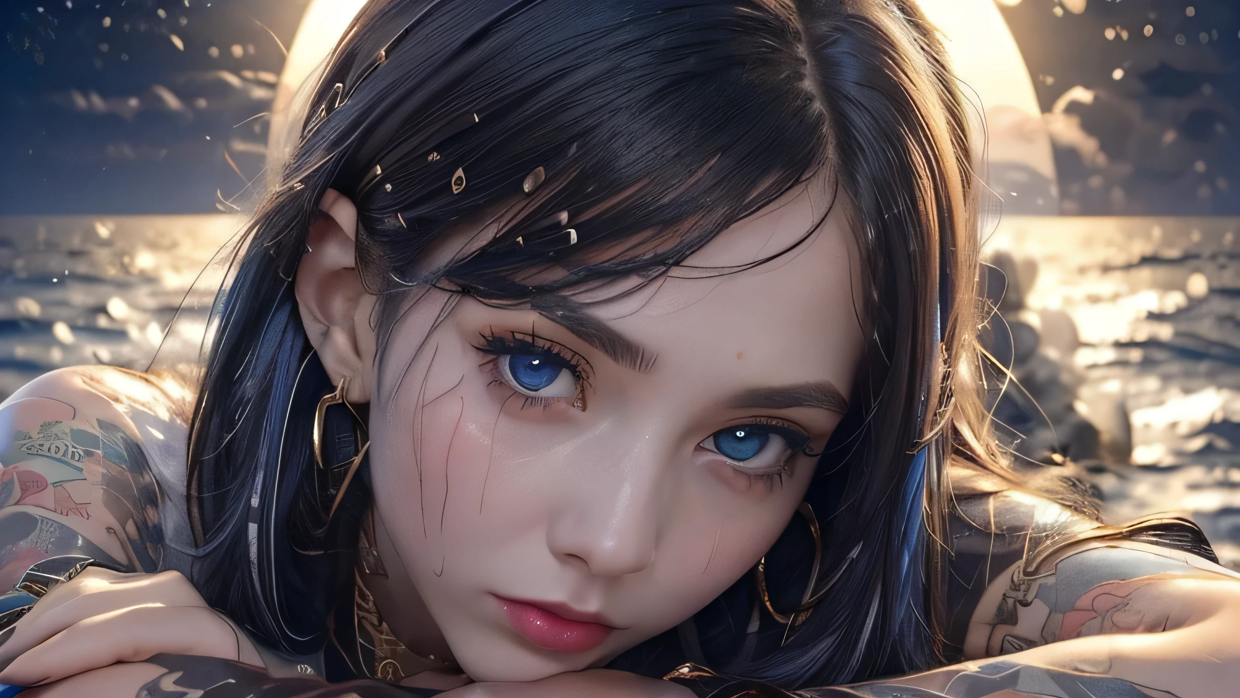 (Midnight:1.4) ((eye closeup shot)). masterpiece, best quality, high quality, 4K, (((black hair, colored inner hair, blue hair))). (bob without bangs) hairstyle with volume,Ukrainian young woman((very pale white skin)), toned body,
((tattoo)), (cropped shirt,), red crop top, many(necklaces), (Many earrings)(many bracelet). knit is open in the front. Board a cruise ship and look at the sea from the deck. she was sweating, and her face and chest were extremely wet with sweat. She is perspiration, be wringing with lot of sweat, sweat like a pig. Skin shiny with lot of sweat、Illumination that emphasizes shiny sweat(Spread:1.4)