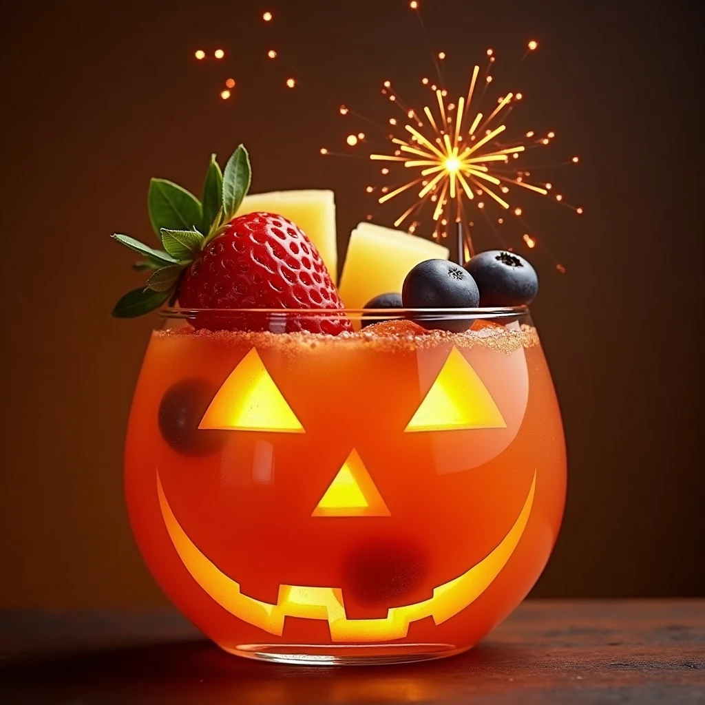 Delicious fresh fruit cocktail served in a clear glass Jack-o-Lantern, decorated with lights and fireworks