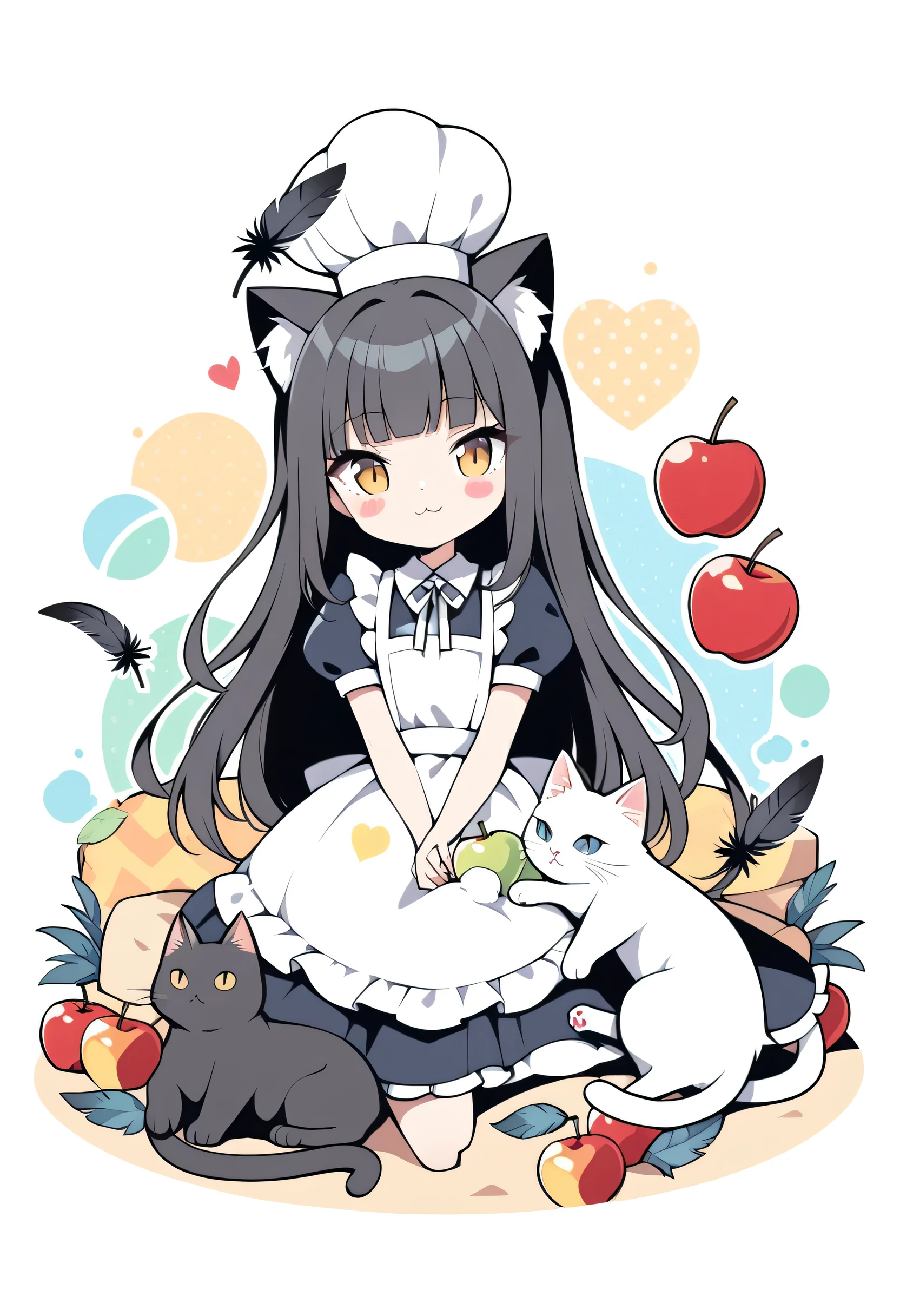 whole body、、、sleep、sleep、lie、Lying down、to ridicule、、Girl holding an apple、Lots of apples、Flying Apples、 Anime witch design, Heart Sign, White chef hat、White apron、Cockware Design, Provector, Love Style, Full Design, Only 18 colors, monochromatic, No Shadow, Full Design, Stickers, Bright colors, White background.Ultra-detailed illustrations,(((beautiful ))),(((beautiful )),(((beautiful background))),(((beautiful ))),(((beautiful cat))),(((beautiful background))),Midsummer、Beach black feathers、Straight bangs、squint, Pop Art Style