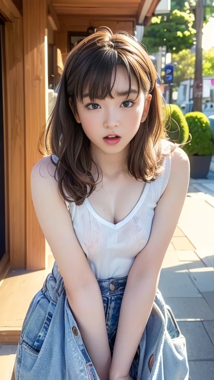 (realistic, photo-realistic:1.37), (masterpiece, best quality), high resolution, intricate details, extremely detailed, cinematic lighting, gravure photography, portrait, a Japanese young woman, super beautiful girl, (loose blouse, downblouse, braless, shorts), (standing with leaning forward), (small breasts:1.3), dark hair, low-position twintails hair, pale skin, (detailed face, detailed eyes, symmetrical eyes, beautiful dark pupils, sophisticated nose),
open mouth, tired face, suffering face, frowning, 
photo background, outdoors, urban scape, daytime, sunny, blue sky and clouds,