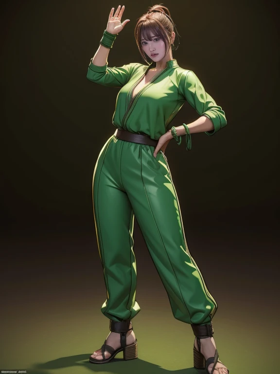 A woman in her fifties wearing green and brown clothes is posing., Fighting game characters, 3d rendering character art 8k, Asuka, As a Tekken character, King of Fighters characters, Fighter Pose, Mirabelle Madrigal&#39;s rendering, Combat pose, 3D Character Art, 8k octa-rendered photo, She&#39;s ready to fight, Fighting pose