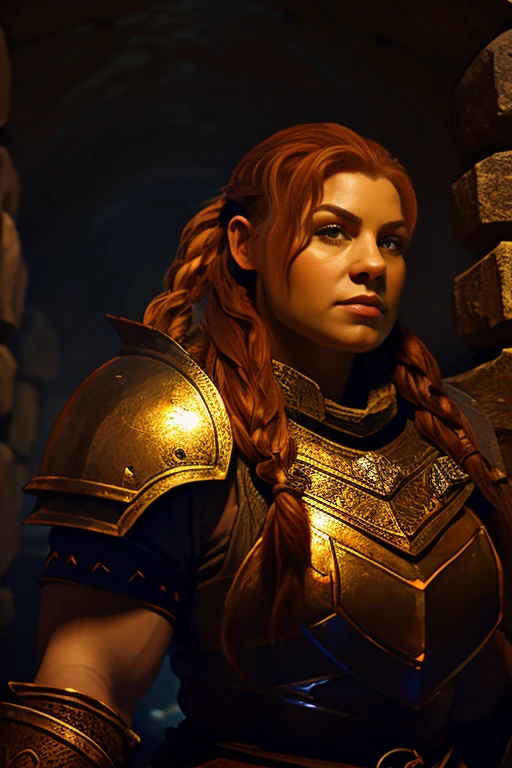 Ginger female dwarven adventurer, in a undeground cavern, dramatic lighting, breastplate,  long braided hair, strong muscled arms, leaning against wall, busty