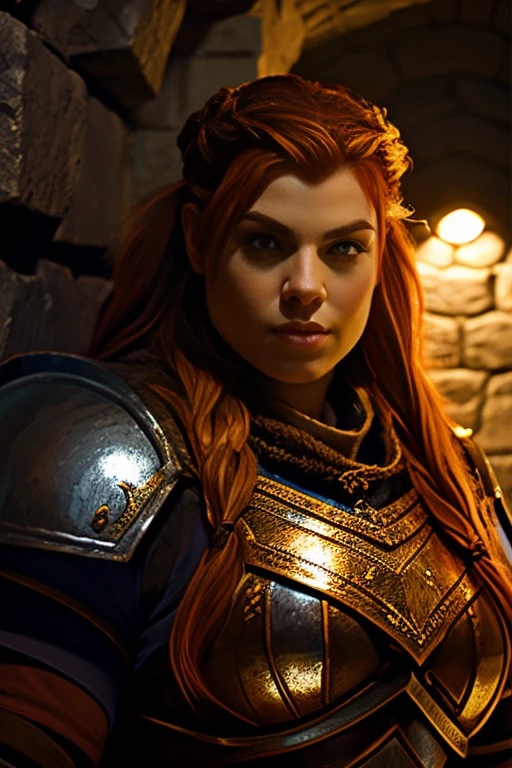 Ginger female dwarven adventurer, in a undeground cavern, dramatic lighting, breastplate,  long braided hair, strong muscled arms, leaning against wall, busty