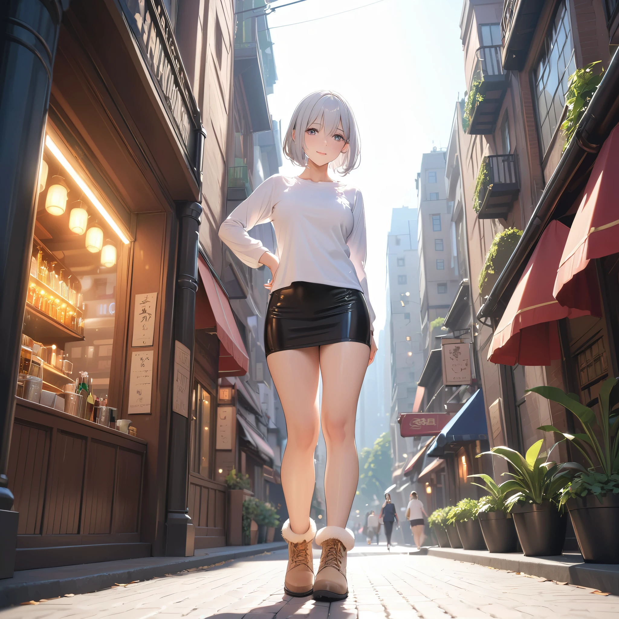 masterpiece, glowing particles, ambient lights, cute, 8K, hdr, high details, perfect lighting, perfect anatomy, full body, BREAK (shiny silver hair:1.2), (bob cut, bang between eyes, beautiful hair), (glossy silver eyes:1.5), (beautiful eyes, twinkle eyes, large eyes), (athlete body, busty), cute face, beautiful face, pretty face, beautiful, best quality, good anatomy, long eyelashes, expressive eyes, Perfect Hands, perfecteyes, BREAK 1girl, wearing a tight white long-sleeve T-shirt, a black suede mini skirt, and beige sheepskin boots. She is standing in a casual pose, with a friendly expression. BREAK 1girl, afternoon, sunshine, city,
