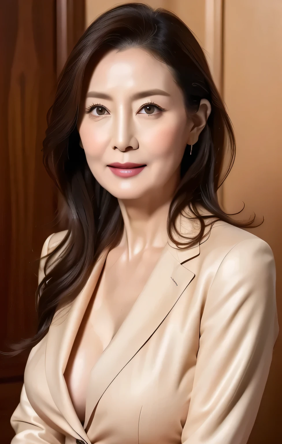 (Please redeem,8k,masterpiece),
Portrait of a mature woman,50 years old,[lustful,
Very beautiful face,Lip gloss,
Big Breasts,
Elegant suits, White shirt, 