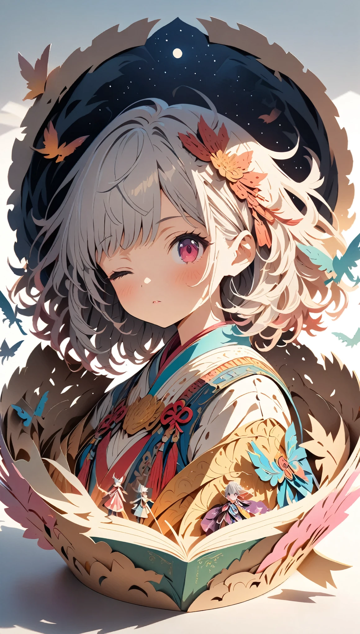 (masterpiece:1.2), (Best Quality:1.2), Ultra-high resolution, Very detailed, Perfect lighting, Girl, Gray Hair, National Costume, Otherworldly fantasy, Chase after,cute, Tilt your head, Close one eye, Pastel colors, Paper cutting art,Flat paper cutout, Anime style illustration,Anime illustration, White background, PAPERCUT, Put a book under