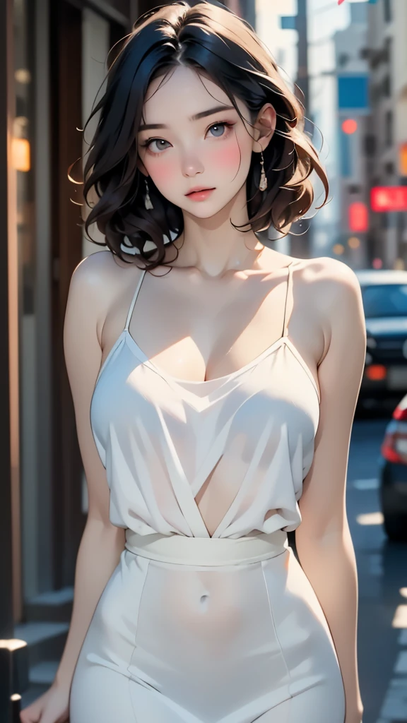 random pose, mix4, (8k, RAW photo, best quality, masterpiece: 1.45), (realistic, photorealistic: 1.37), one girl, cute, cityscape, night, rain, wet, professional lighting, photons mapping, radiosity, physically based rendering, gradient black hair, gray hair, short curly hair, handsome, girl, Deep V-neckline slip dress, pale skin, top quality photo, high res, 1080p, (clear face), (detailed face description), (detailed hand description), (masterpiece), (exquisite CG), extreme light and shadow, disheveled hair, master work, rich details, (fine facial features), (highest quality photo), (masterpiece), (detailed eyes), look in front of your eyes, fine clavicle, (large breasts:1.4),