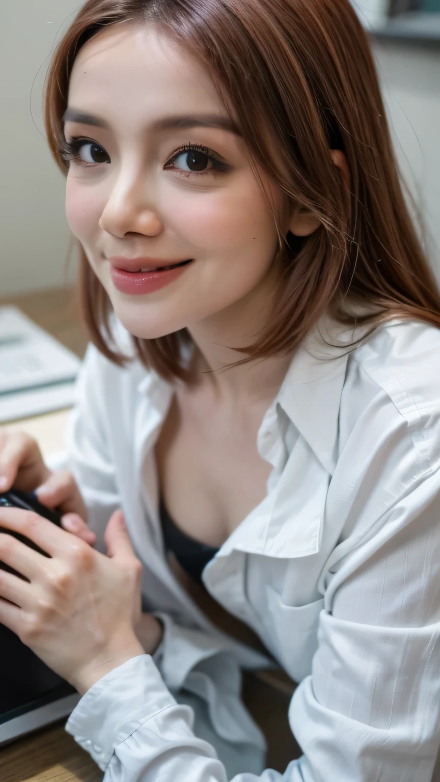 glamorous photo of a beautiful malay girlwearing hijab, she is wearing a white shirt, (open shirt: 1.2), undersize bra, small breasts, lilac panties ((floral pattern)), standing tall, happy expression, wide smile showing teeth, in a modern office, near computer workstation, sensual pose, (best quality,4k,8k,highres,masterpiece:1.2),ultra-detailed,(realistic,photorealistic,photo-realistic:1.37),detailed eyes and face, beautiful detailed lips, long eyelashes, shot on Canon EOS 5D Mark IV DSLR Camera with 25 - 105mm f/ 4L II Lens, high key brightly lit lighting, natural color