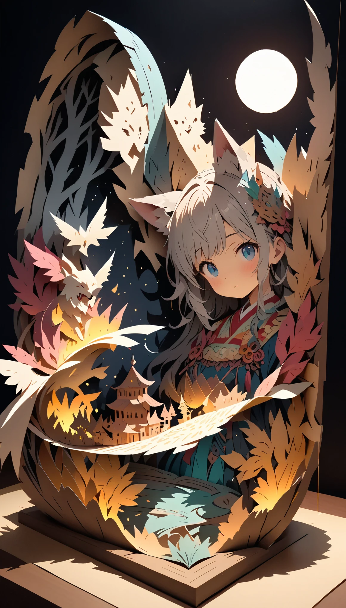 (masterpiece:1.2), (Best Quality:1.2), Ultra-high resolution, Very detailed, Perfect lighting, Wolf Girl, Gray Hair, National Costume, Otherworldly fantasy, Chase after,cute, Tilt your head, Close one eye, Pastel colors, Pop-up picture book, Paper cutting art,Flat paper cutout, Paper Art, Paper Quilt, Digital Art,Anime style illustration,Anime illustration, White background, PAPERCUT, Put a book under