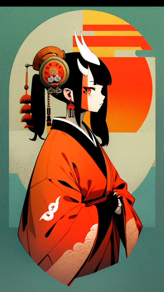 oniNFT, 1girl, solo, black hair, jewelry, earrings, mask, red  ruby eyes, japanese clothes, letterboxed,high detailed kimono, profile, fox mask on head, tancho koi fish print, from side, horns, tassel, hair ornament  8k