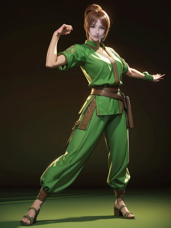 A woman in her fifties wearing green and brown clothes is posing., Fighting game characters, 3d rendering character art 8k, Asuka, As a Tekken character, King of Fighters characters, Fighter Pose, Mirabelle Madrigal&#39;s rendering, Combat pose, 3D Character Art, 8k octa-rendered photo, She&#39;s ready to fight, Fighting pose