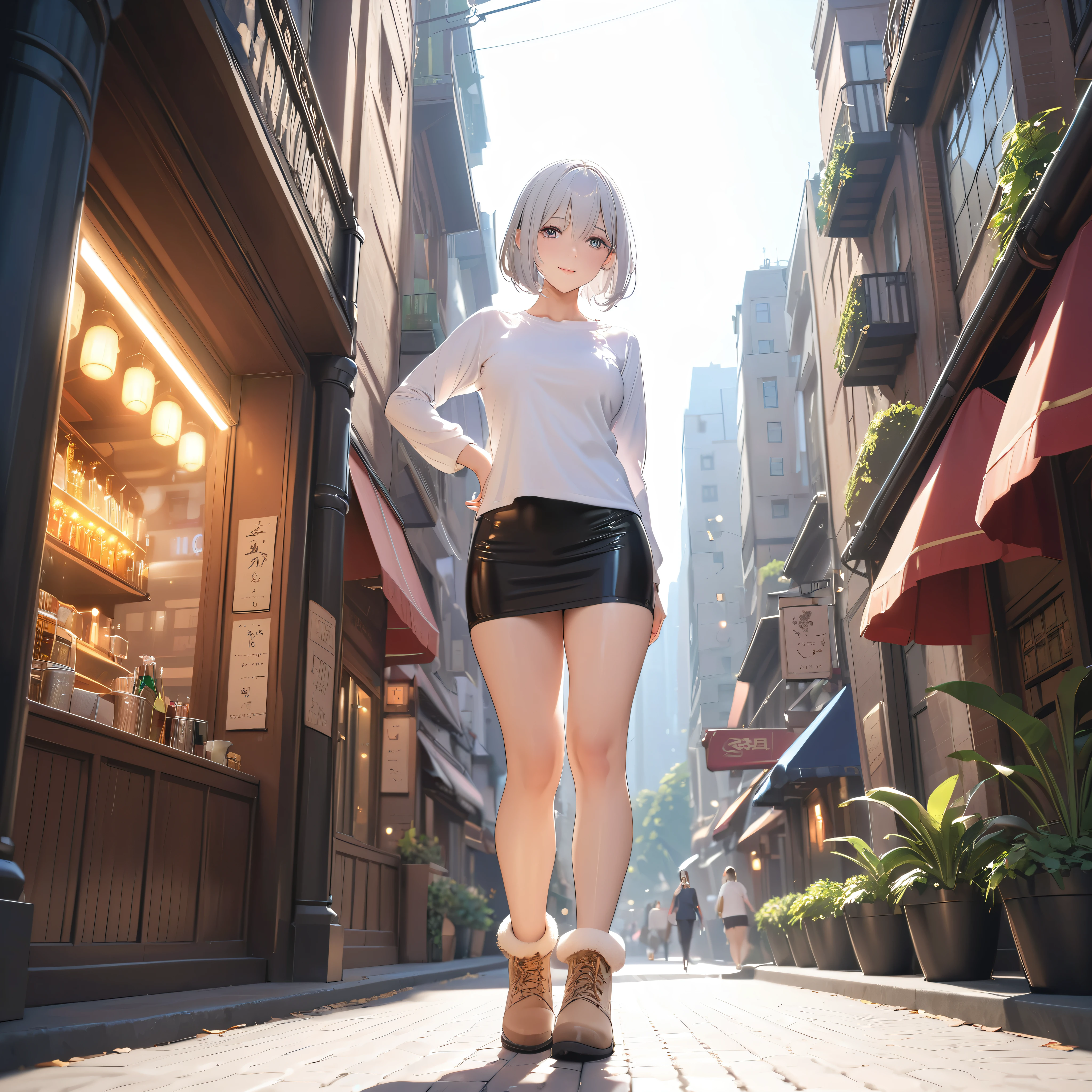 masterpiece, glowing particles, ambient lights, cute, 8K, hdr, high details, perfect lighting, perfect anatomy, full body, BREAK (shiny silver hair:1.2), (bob cut, bang between eyes, beautiful hair), (glossy silver eyes:1.5), (beautiful eyes, twinkle eyes, large eyes), (athlete body, busty), cute face, beautiful face, pretty face, beautiful, best quality, good anatomy, long eyelashes, expressive eyes, Perfect Hands, perfecteyes, BREAK 1girl, wearing a tight white long-sleeve T-shirt, a black suede mini skirt, and beige sheepskin boots. She is standing in a casual pose, with a friendly expression. BREAK 1girl, afternoon, sunshine, city,