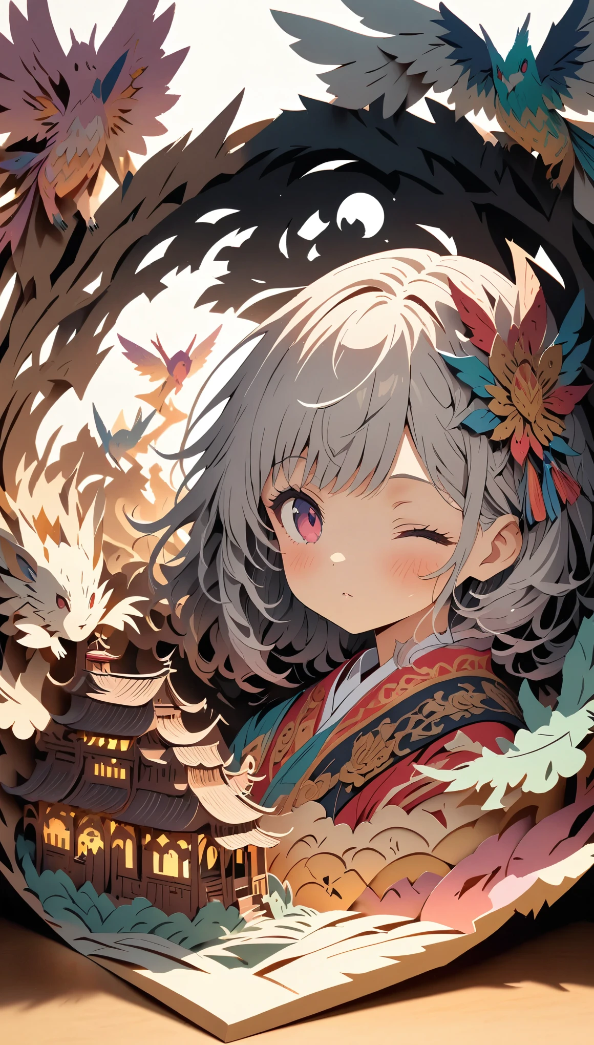 (masterpiece:1.2), (Best Quality:1.2), Ultra-high resolution, Very detailed, Perfect lighting, Girl, Gray Hair, National Costume, Otherworldly fantasy, Chase after,cute, Tilt your head, Close one eye, Pastel colors, Paper cutting art,Flat paper cutout, Anime style illustration,Anime illustration, White background, PAPERCUT, Put a book under