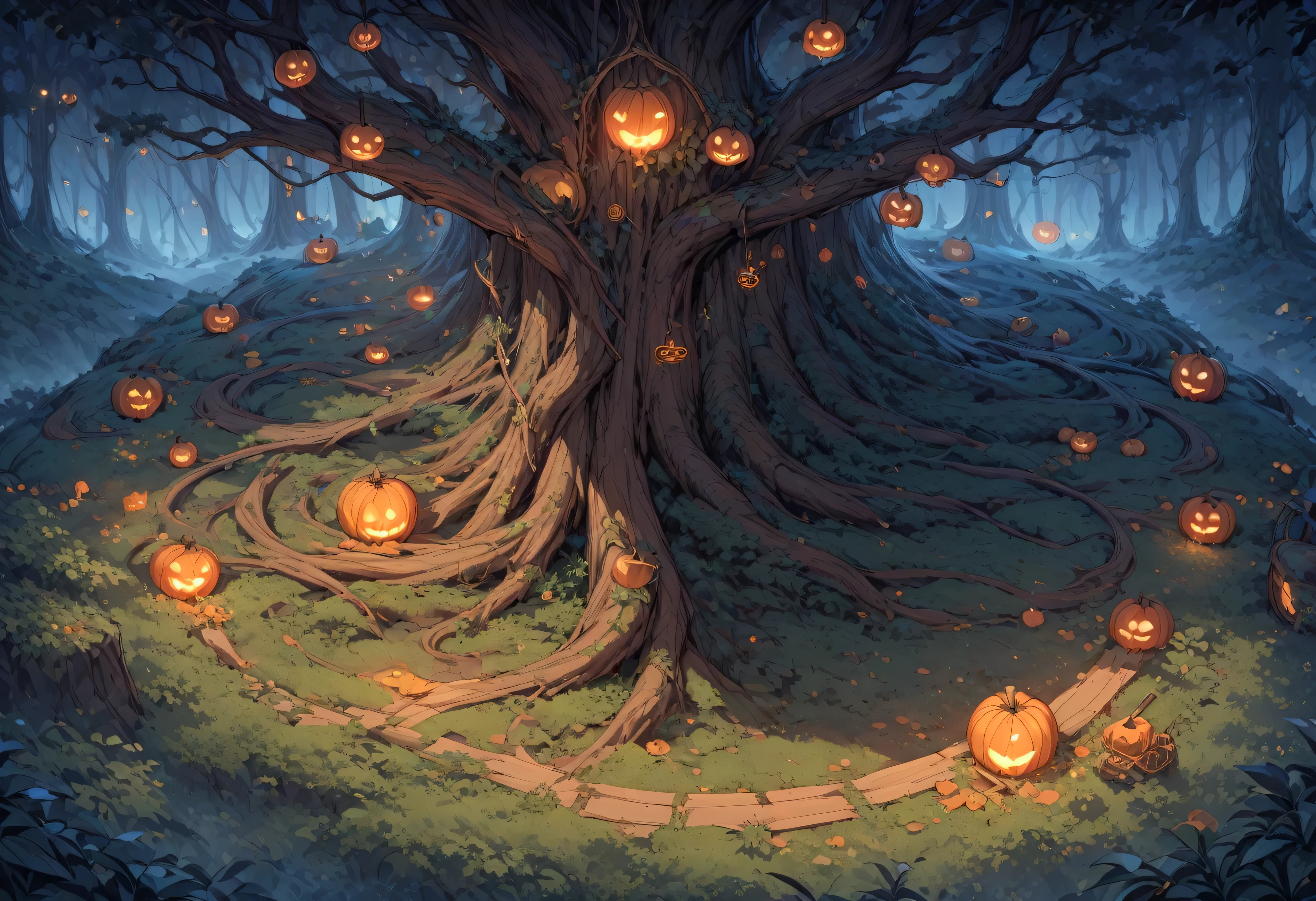 Concept art, quarter view, 45 degree angle. Night time forest, Halloween atmosphere. Wide land, composition showing a lot of land, props and decorations symbolizing Halloween, image viewed from a 45 degree angle with no perspective and no visible sky. Landscape viewed from above, empty land below half of the image, forest and decorations above. Game characters need space to move and fight. Delicate description, detailed expression,