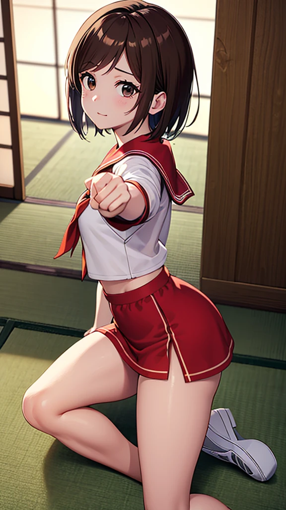 ((masterpiece, Please redeem, Very detailed, Very nice 8K CG wallpaper)), , A little thick,Side part semi-short,Medium Hair, Brown hair with subtle red tinge, short hair, Brown eyes,Monkey Fist player、Sailor suitスタイルの制服、Large bust、Sailor suit、mini skirt、Monkey Fist、cute expression、Inside the Monkey Fist Gymnasium、、On the tatami、discovery、One Girl、whole body、rest、Irene、Bust size: Top 82, Under 69, Small B cup、Raised by a grandfather who was a martial artist、Height 159.5cm