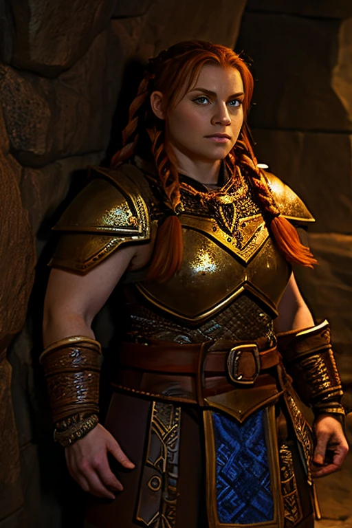 Ginger female dwarven adventurer, in a undeground cavern, dramatic lighting, breastplate,  long braided hair, strong muscled arms, leaning against wall, busty