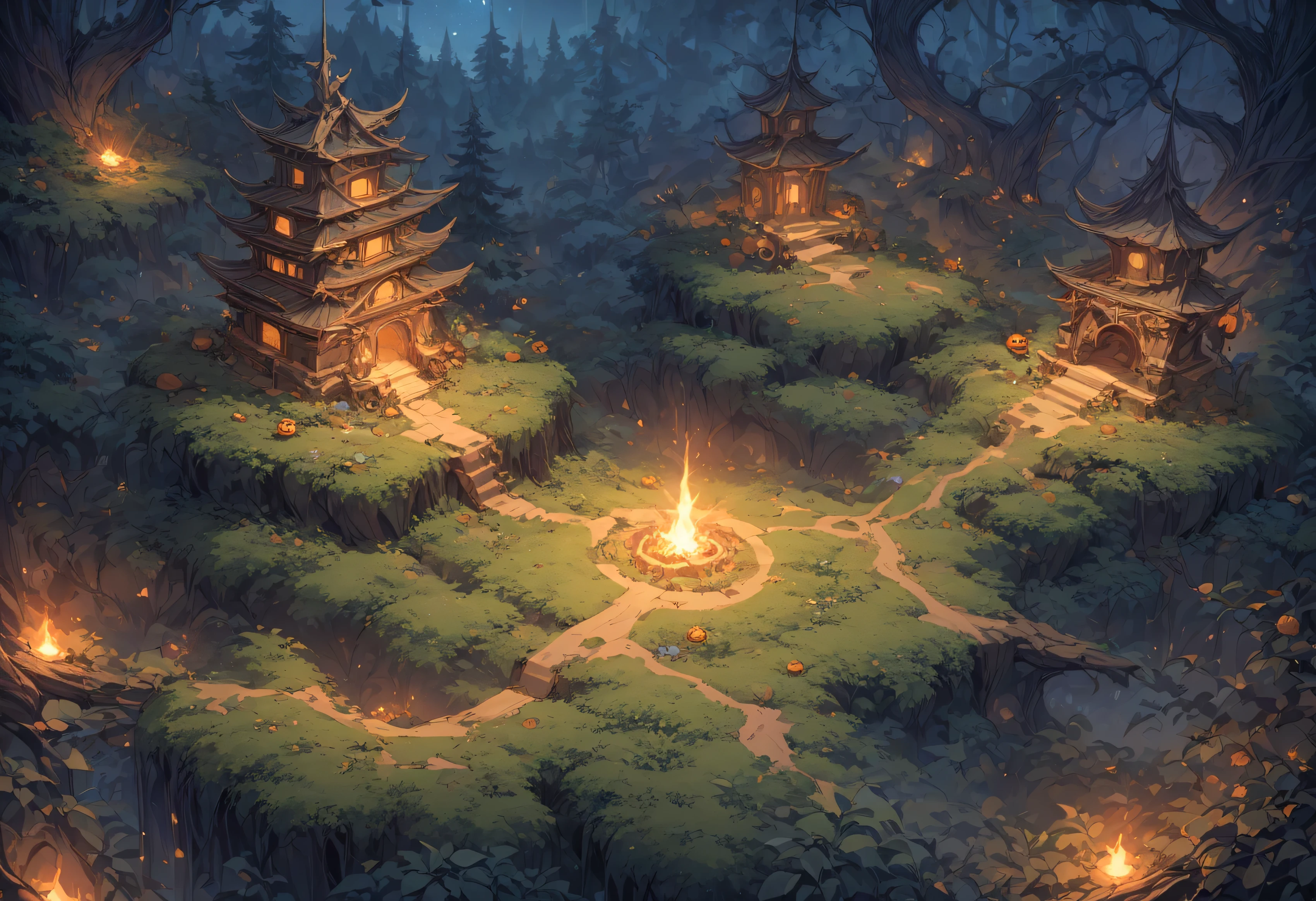 Concept art, quarter view, 45 degree angle. Night time forest, Halloween atmosphere. Wide land, composition showing a lot of land, props and decorations symbolizing Halloween, image viewed from a 45 degree angle with no perspective and no visible sky. Landscape viewed from above, empty land below half of the image, forest and decorations above. Game characters need space to move and fight. Delicate description, detailed expression,