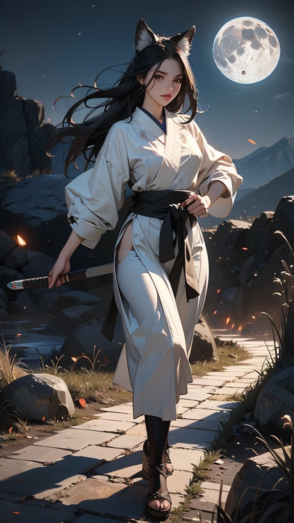 (No compromise CG, masterpiece, absurdres, best quality, perfect anatomy, ultra detailed), 1girl, Solo, Intricate details, Battoujutsu, (Nocturnal ghosts), beautiful woman, sexy figure,( detailed face, detailed eyes and lips, closeup) , Long beautiful white long hair, BREAK White Fox Ears, White fox tail, Nine-tailed fox, Samurai clothes, Carry a long sword on your waist, (Walking on unpaved roads and there are many skulls on the road, In the background is a beautiful moonlit night and distant mountains is depicted.)