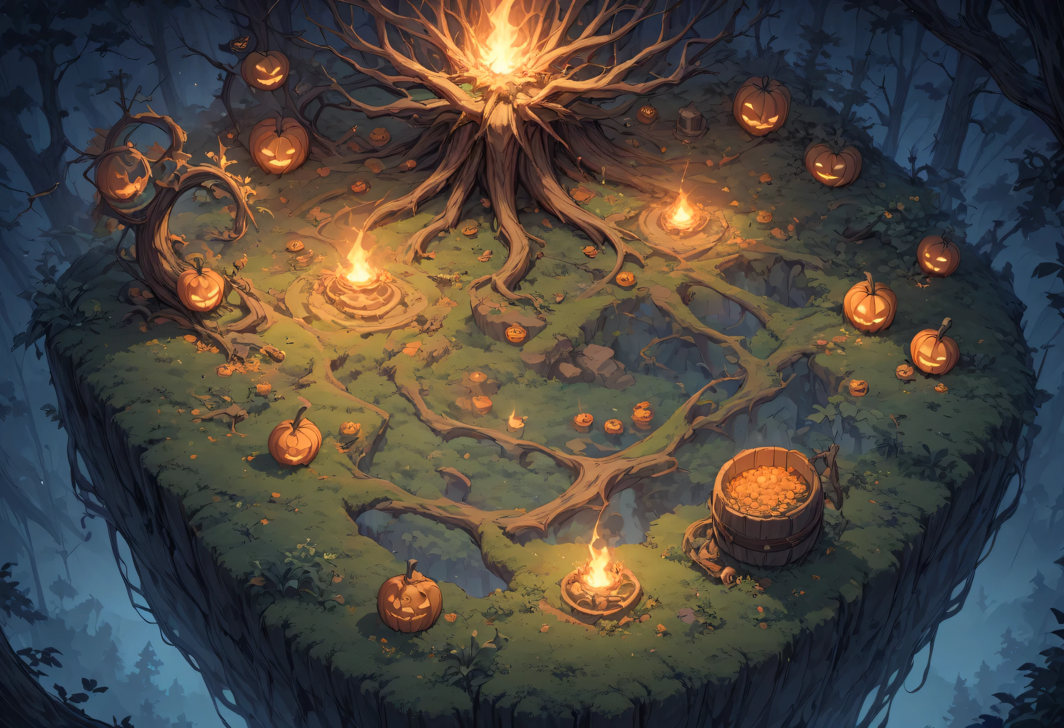 Concept art, quarter view, 45 degree angle. Night time forest, Halloween atmosphere. Wide land, composition showing a lot of land, props and decorations symbolizing Halloween, image viewed from a 45 degree angle with no perspective and no visible sky. Landscape viewed from above, empty land below half of the image, forest and decorations above. Game characters need space to move and fight. Delicate description, detailed expression,