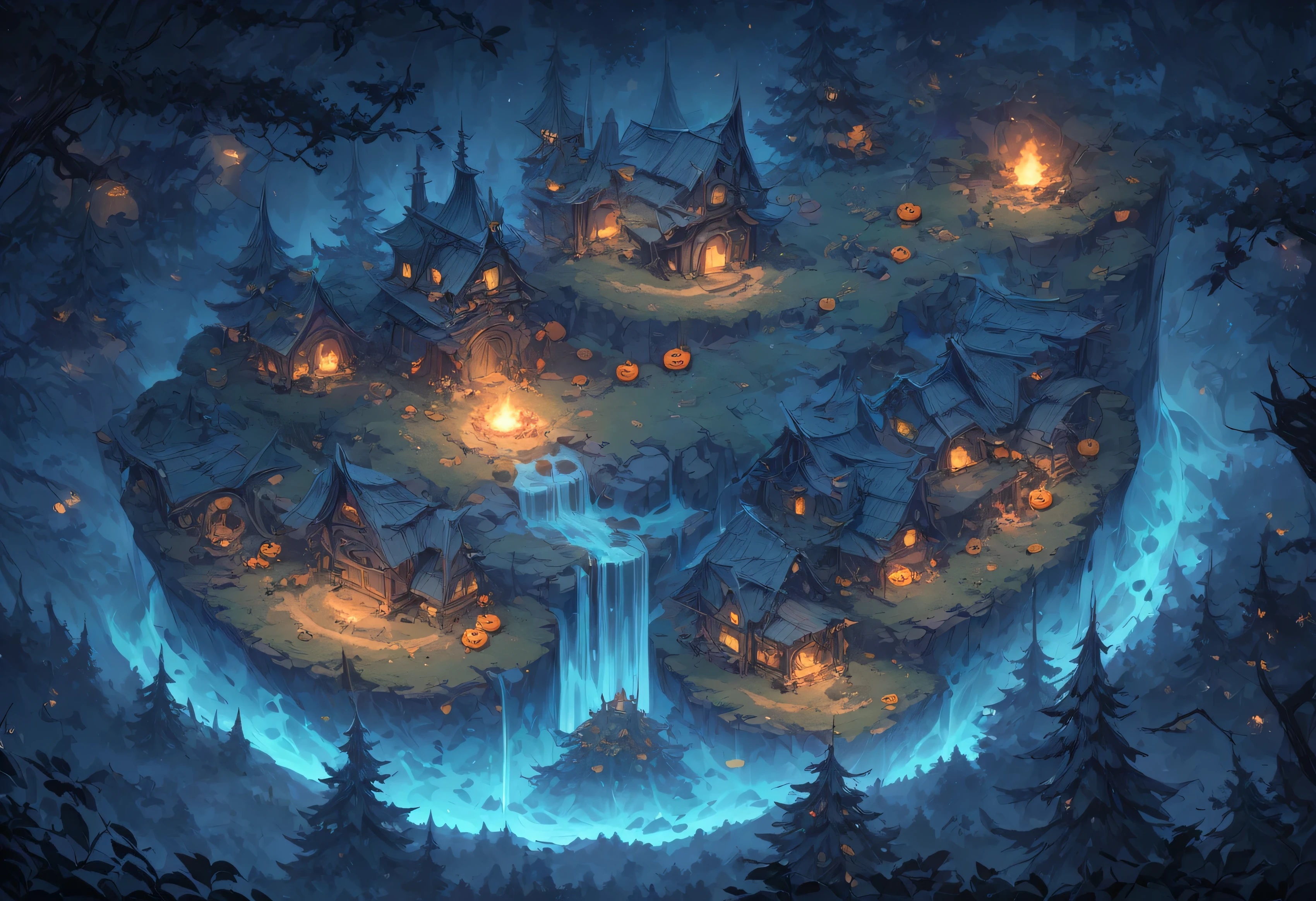 Concept art, quarter view, 45 degree angle. Night time forest, Halloween atmosphere. Wide land, composition showing a lot of land, props and decorations symbolizing Halloween, image viewed from a 45 degree angle with no perspective and no visible sky. We need a landscape of the land seen from above and a space where game characters can move while fighting. Delicate description, detailed expression,