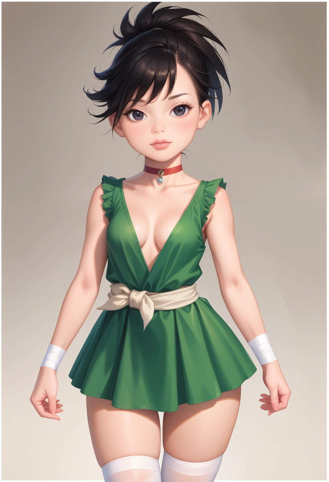 dororo, black hair, ponytail, choker, black eyes, bandages, wrist wrap, ankle wrap, masterpiece, best quality, photorealistic, 1girl, solo, looking at viewer, , depth of field, (watercolor illustration, soft pastel colors:1.1), realistic, dororo, huge hips. small saggy breasts. mini dress. stockings.