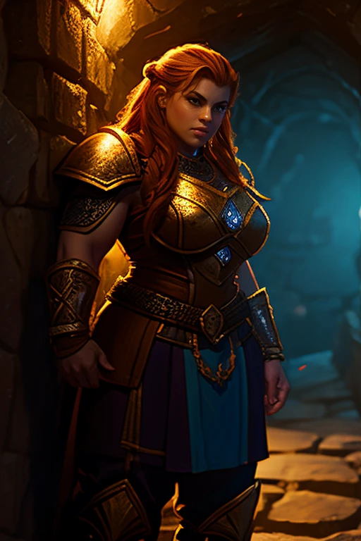 Ginger female dwarven adventurer, in a undeground cavern, dramatic lighting, breastplate,  long braided hair, strong muscled arms, leaning against wall, busty